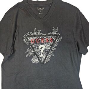 GUESS Shirt Mens XL Black V-Neck Floral Triangle Sequin Logo T-Shirt Tagless